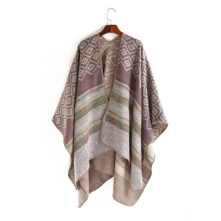 Dam ull-look ruana med woven square jacquard och decorative stitch edge