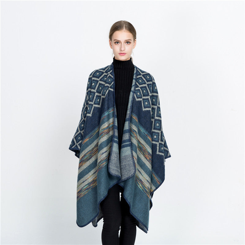 Dam ull-look ruana med woven square jacquard och decorative stitch edge