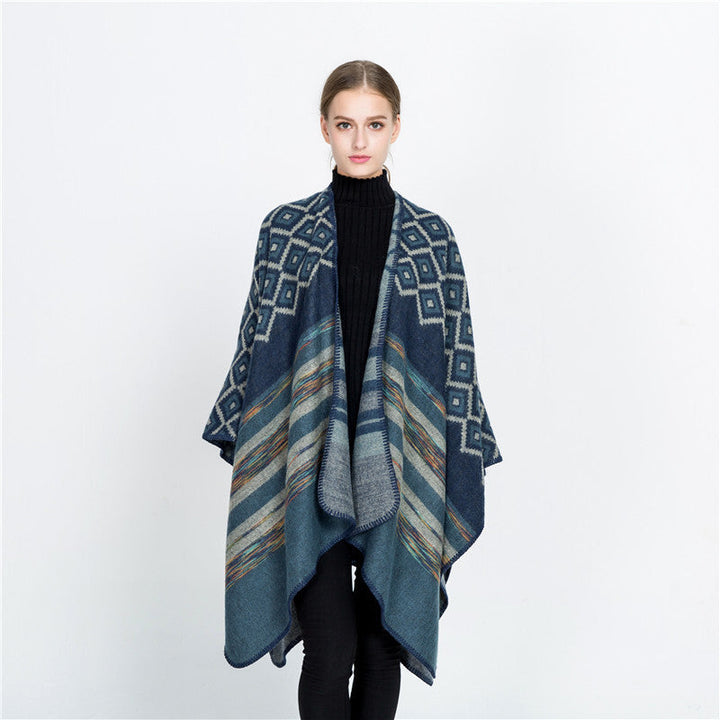 Dam ull-look ruana med woven square jacquard och decorative stitch edge
