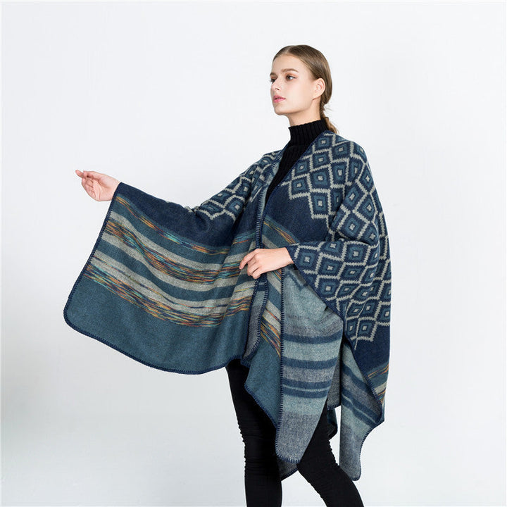 Dam ull-look ruana med woven square jacquard och decorative stitch edge