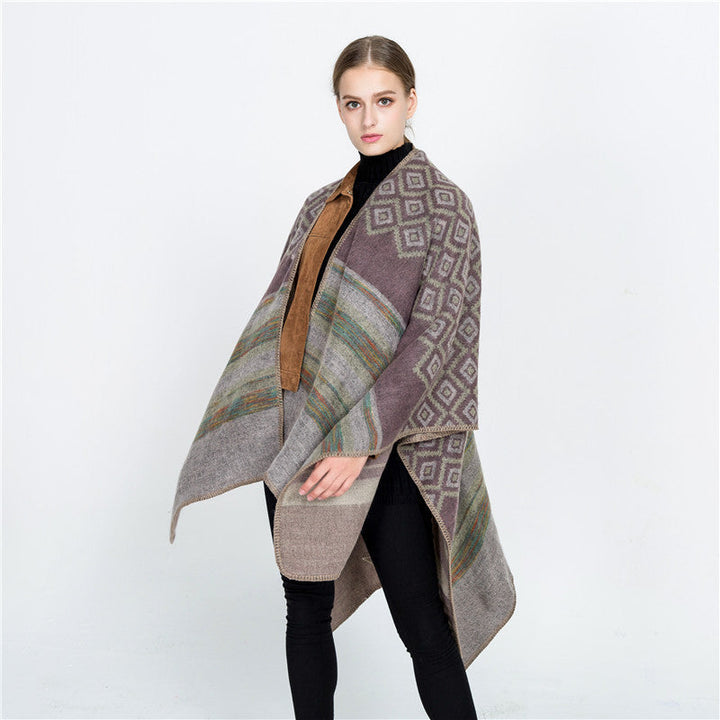 Dam ull-look ruana med woven square jacquard och decorative stitch edge