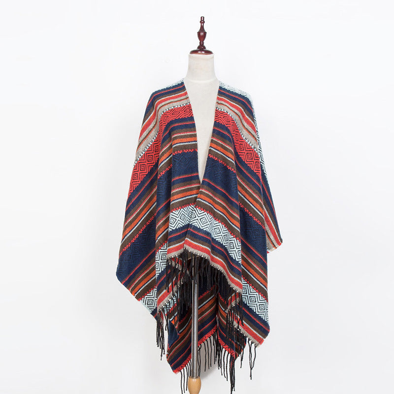 Dam Open oversized Serape poncho i Ethno Jacquard med lång Fringes