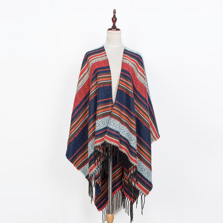 Dam Open oversized Serape poncho i Ethno Jacquard med lång Fringes
