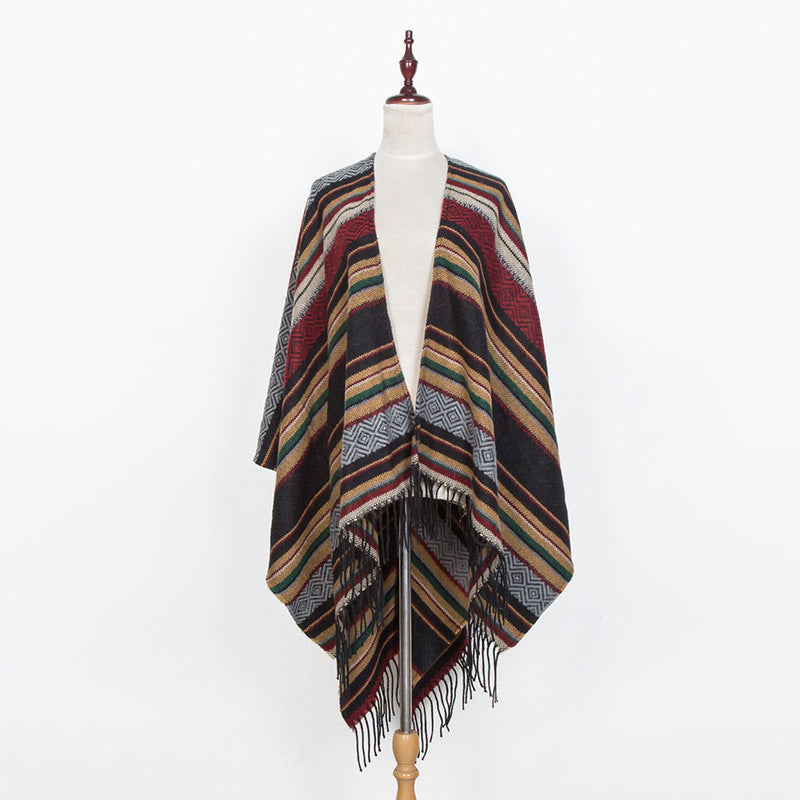 Dam Open oversized Serape poncho i Ethno Jacquard med lång Fringes