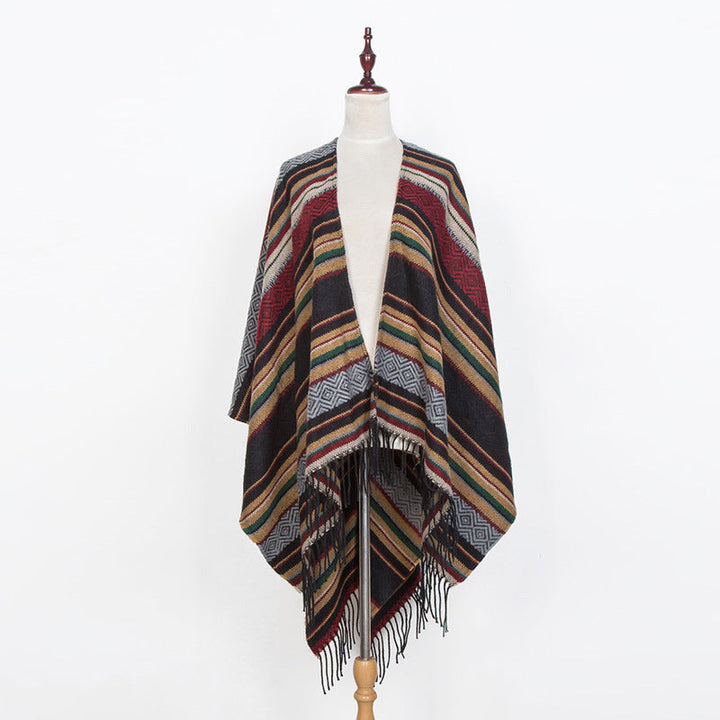 Dam Open oversized Serape poncho i Ethno Jacquard med lång Fringes