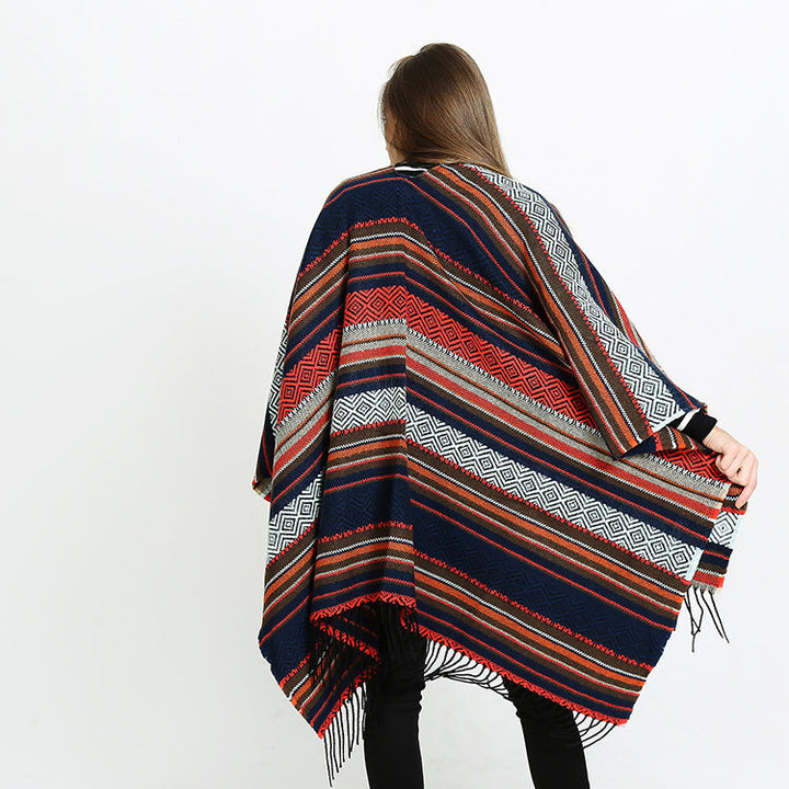 Dam Open oversized Serape poncho i Ethno Jacquard med lång Fringes