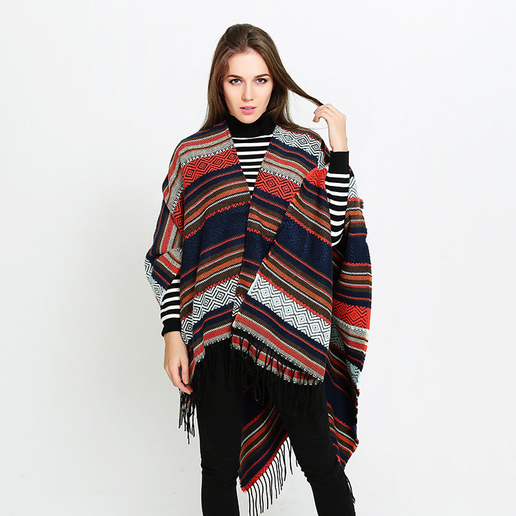 Dam Open oversized Serape poncho i Ethno Jacquard med lång Fringes
