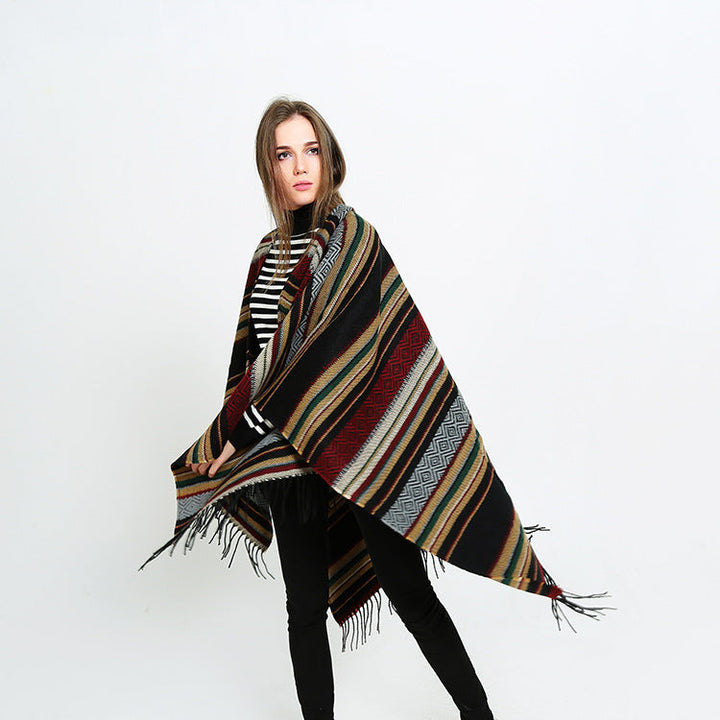Dam Open oversized Serape poncho i Ethno Jacquard med lång Fringes