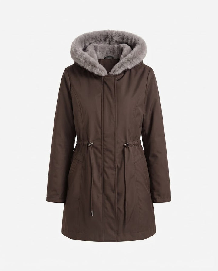 Dam Knee-Length Thermoparkas med Avtagbar Teddy Huva, Drawstring Waist och Dold Front Lock