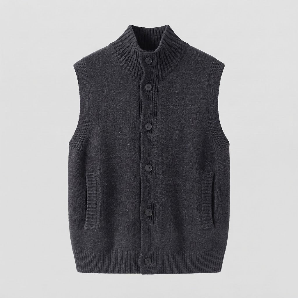 Dam ärmlös structured knit väst med hög ribbed krage, dold knappslå och inset fickor