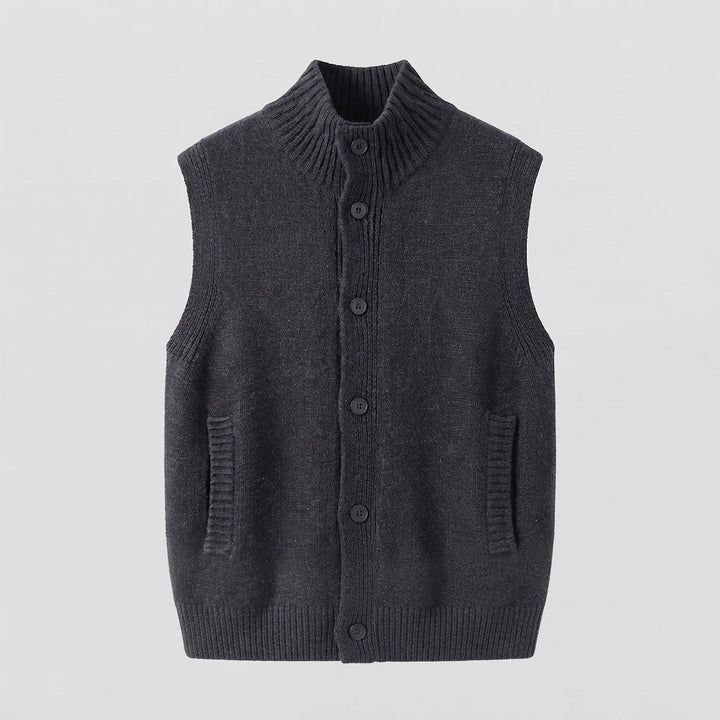 Dam ärmlös structured knit väst med hög ribbed krage, dold knappslå och inset fickor