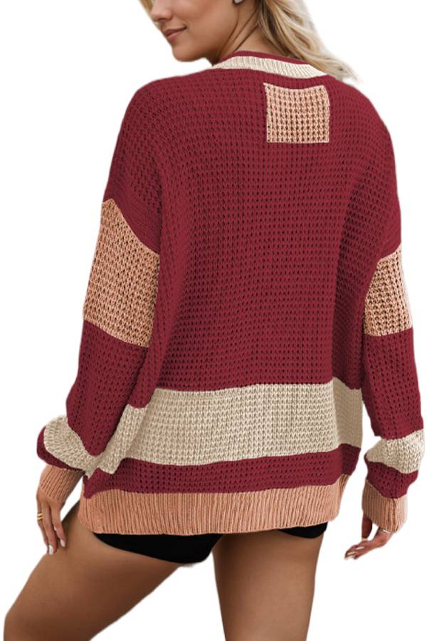 | Jacka V-Neck Ficka Colorblock Cardigan Sweatshirt