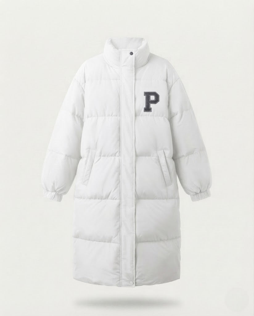 Dam Longer Boxig Thermo Puffer med Hög Stå Krage, College Patch, och Noise-Reducing Outer Shell