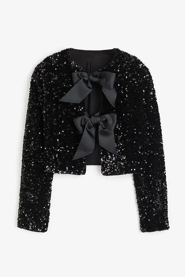 | Options Till Celebrate, Tie Front Bow Sequin Jacka