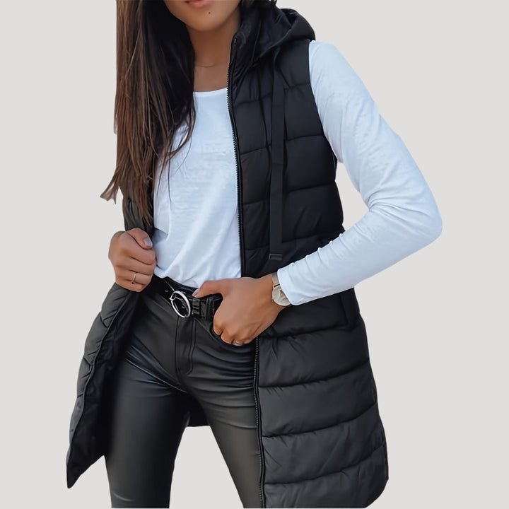 | Dam lång gilet med huva vadderad vinter puffer