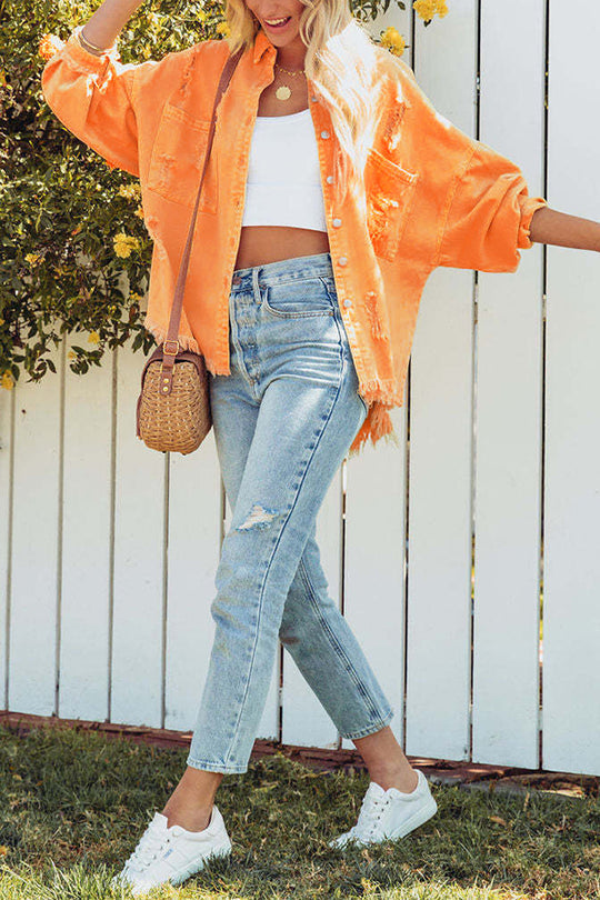 | Revers Lång ärm Ripped denimjacka
