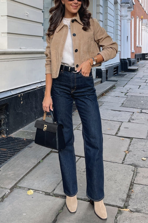 | Knapp Ner Crop Fusk Mocka Jacka