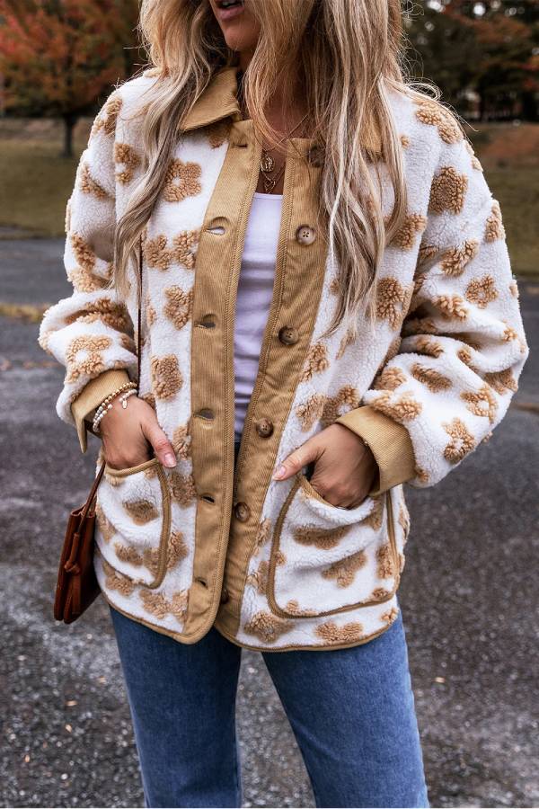 | French Beige Sweet Floral Mönster knäppslå Fleece Jacka