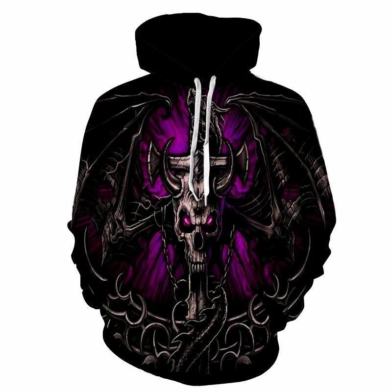 Herr Gothic Luvtröja med Stor Skull Tryck, 3D Effect &amp; Dragsko