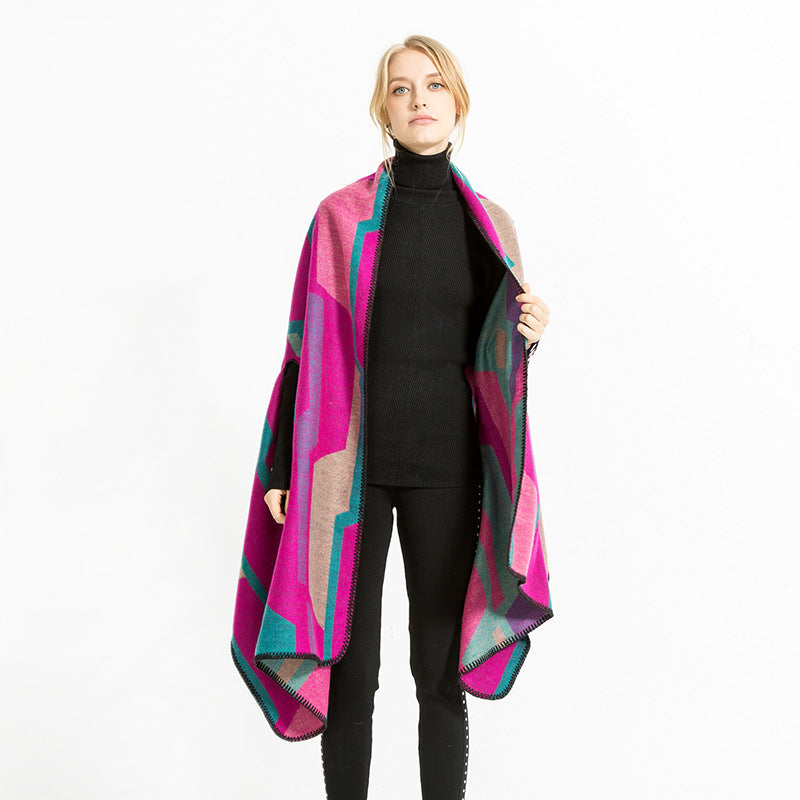 Dam geometric jacquard wrap i ruana stil med huva