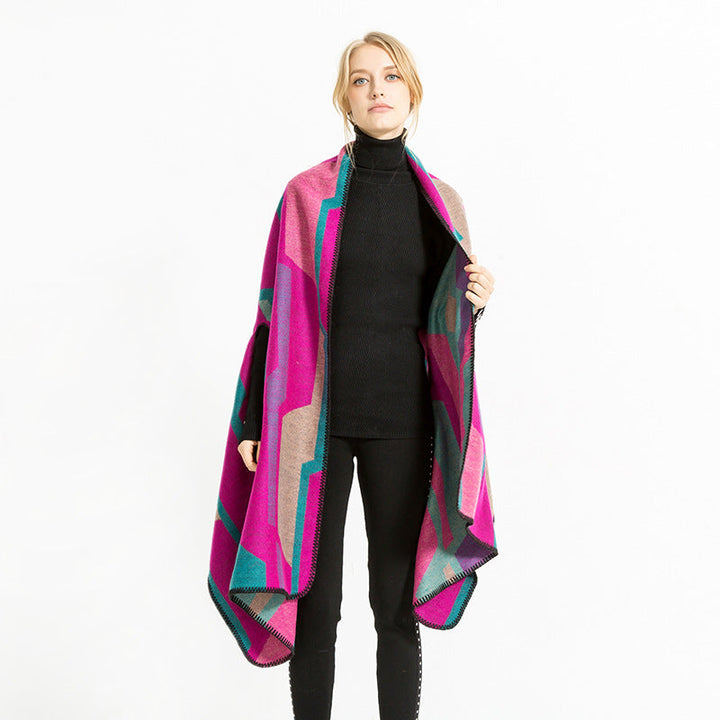 Dam geometric jacquard wrap i ruana stil med huva