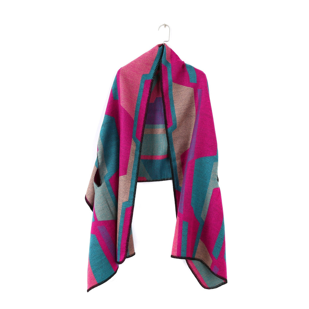 Dam geometric jacquard wrap i ruana stil med huva
