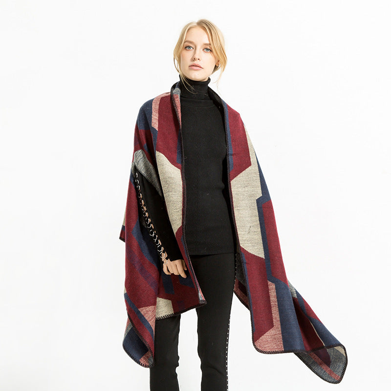 Dam geometric jacquard wrap i ruana stil med huva