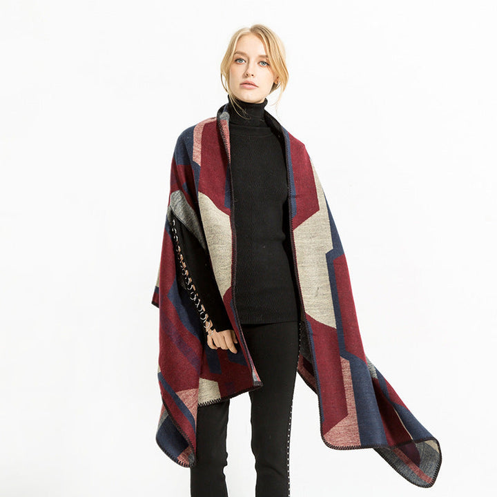 Dam geometric jacquard wrap i ruana stil med huva