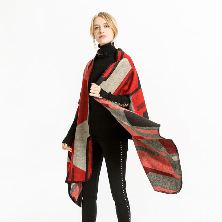 Dam geometric jacquard wrap i ruana stil med huva