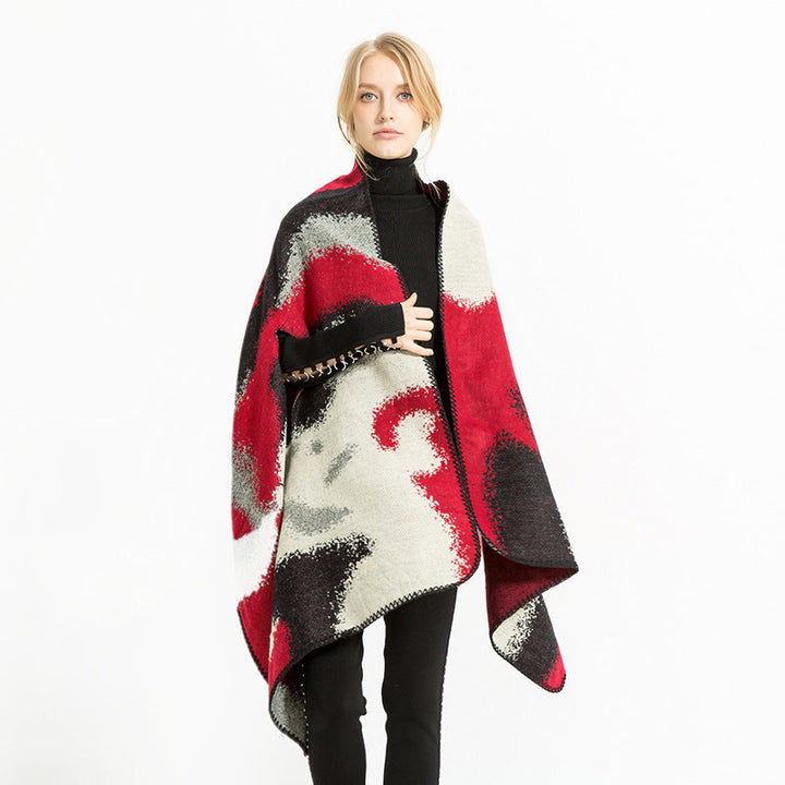Dam geometric jacquard wrap i ruana stil med huva