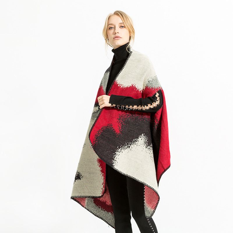 Dam geometric jacquard wrap i ruana stil med huva