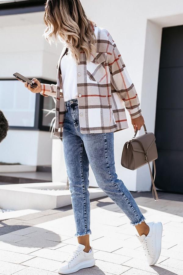 | Feeling Plaid med Fickor Avslappnad Jacka