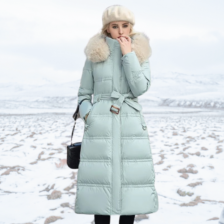 | Lång vinterjacka Puffer Design Fusk Päls Huva skräddad Belt värm och Insulating