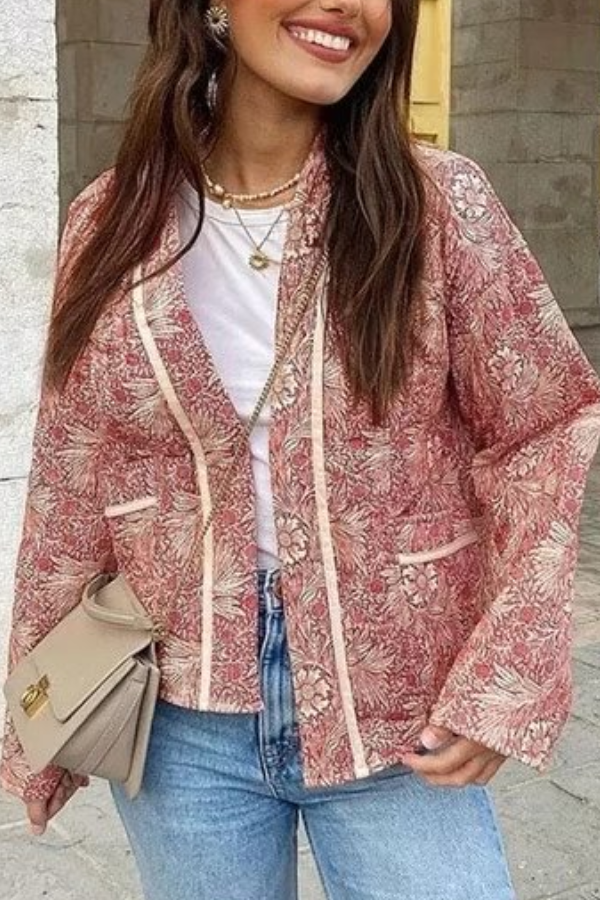 | Tryck Lös V-Neck Cardigan Bomull Jacka