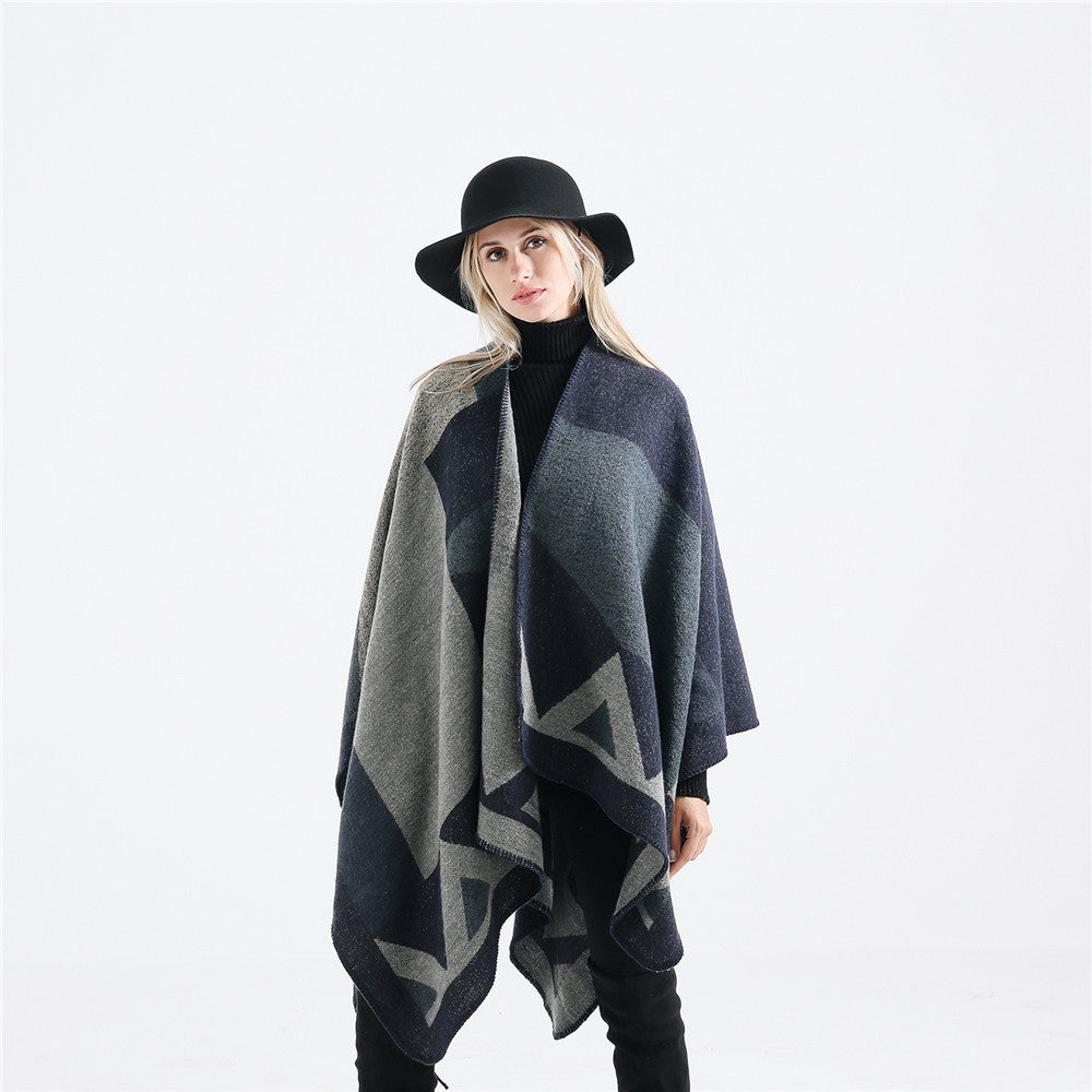 Dam oversized ruana tillverkad av ullblandning med geometric intarsia och open kimono fall