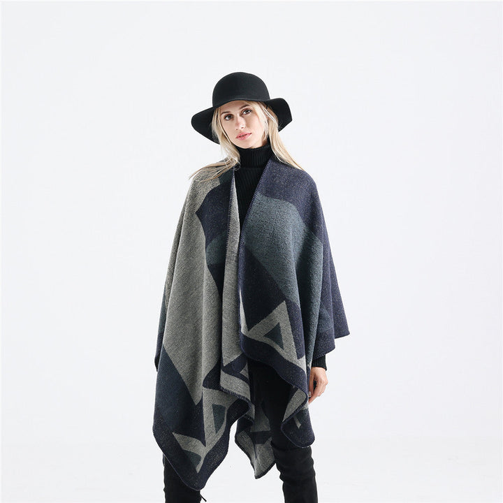 Dam oversized ruana tillverkad av ullblandning med geometric intarsia och open kimono fall