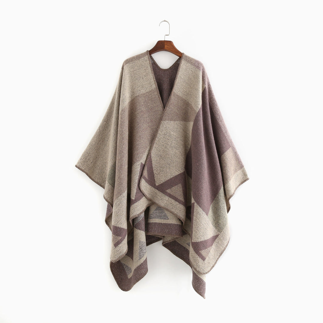 Dam oversized ruana tillverkad av ullblandning med geometric intarsia och open kimono fall