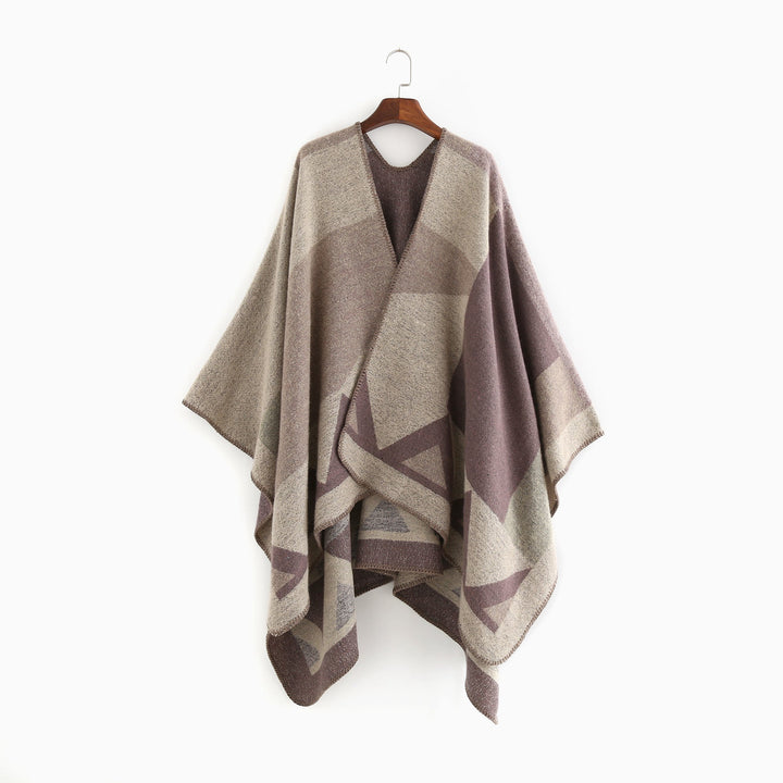Dam oversized ruana tillverkad av ullblandning med geometric intarsia och open kimono fall