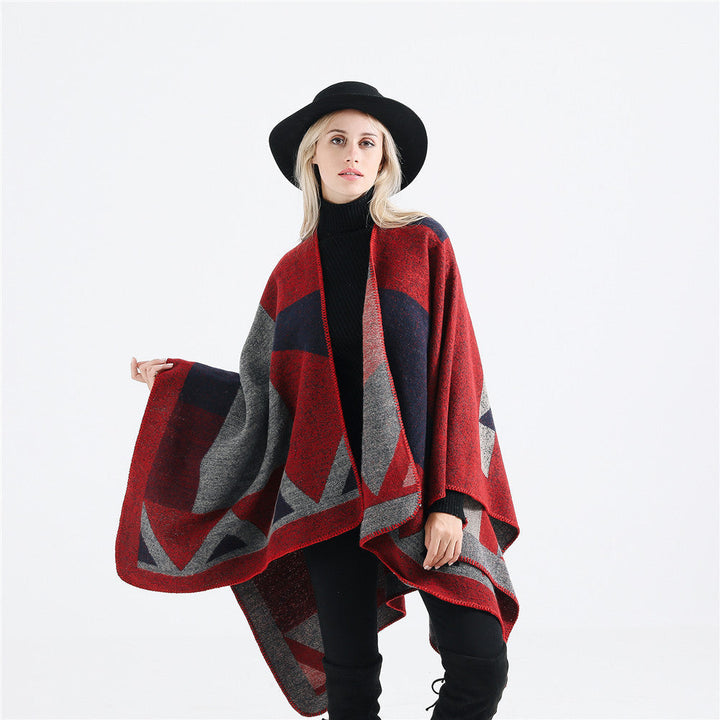 Dam oversized ruana tillverkad av ullblandning med geometric intarsia och open kimono fall