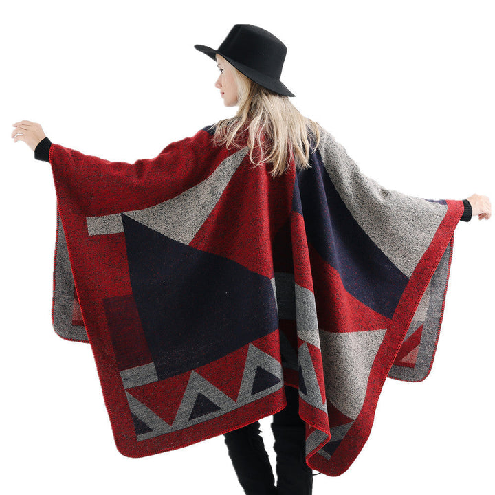 Dam oversized ruana tillverkad av ullblandning med geometric intarsia och open kimono fall
