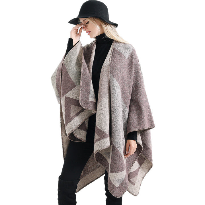 Dam oversized ruana tillverkad av ullblandning med geometric intarsia och open kimono fall