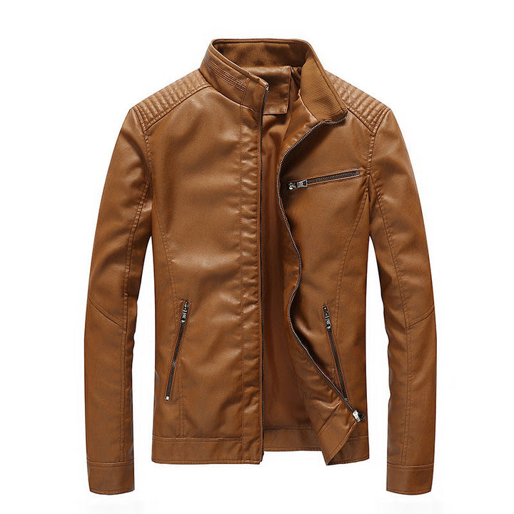Herr Slim-Fit Konstläder Moto Jacka med Ståkrage, Quiltad Axel Yoke och Zip Fickor