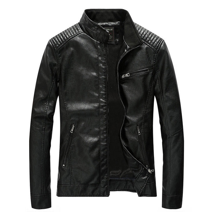 Herr Slim-Fit Konstläder Moto Jacka med Ståkrage, Quiltad Axel Yoke och Zip Fickor