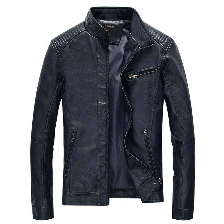 Herr Slim-Fit Konstläder Moto Jacka med Ståkrage, Quiltad Axel Yoke och Zip Fickor