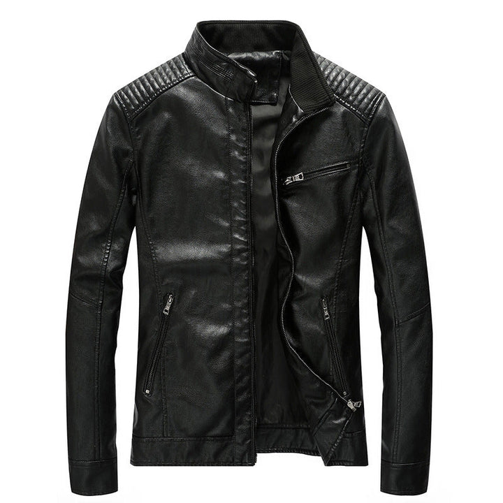 Herr Slim-Fit Konstläder Moto Jacka med Ståkrage, Quiltad Axel Yoke och Zip Fickor