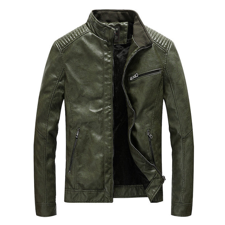 Herr Slim-Fit Konstläder Moto Jacka med Ståkrage, Quiltad Axel Yoke och Zip Fickor