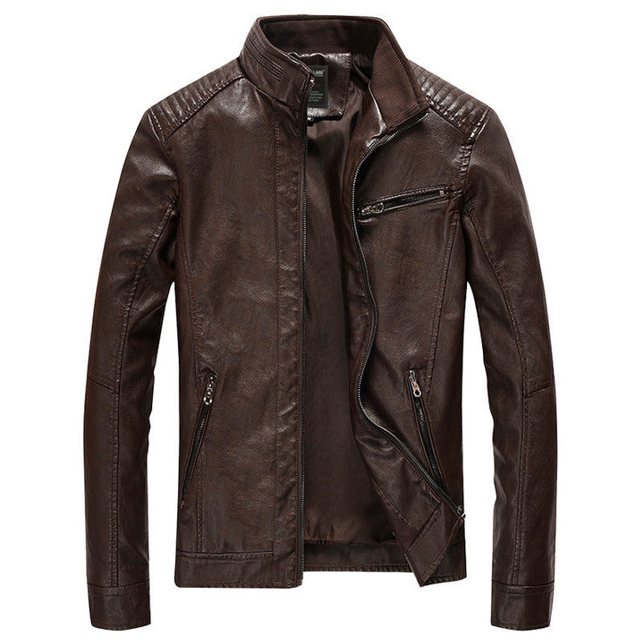 Herr Slim-Fit Konstläder Moto Jacka med Ståkrage, Quiltad Axel Yoke och Zip Fickor