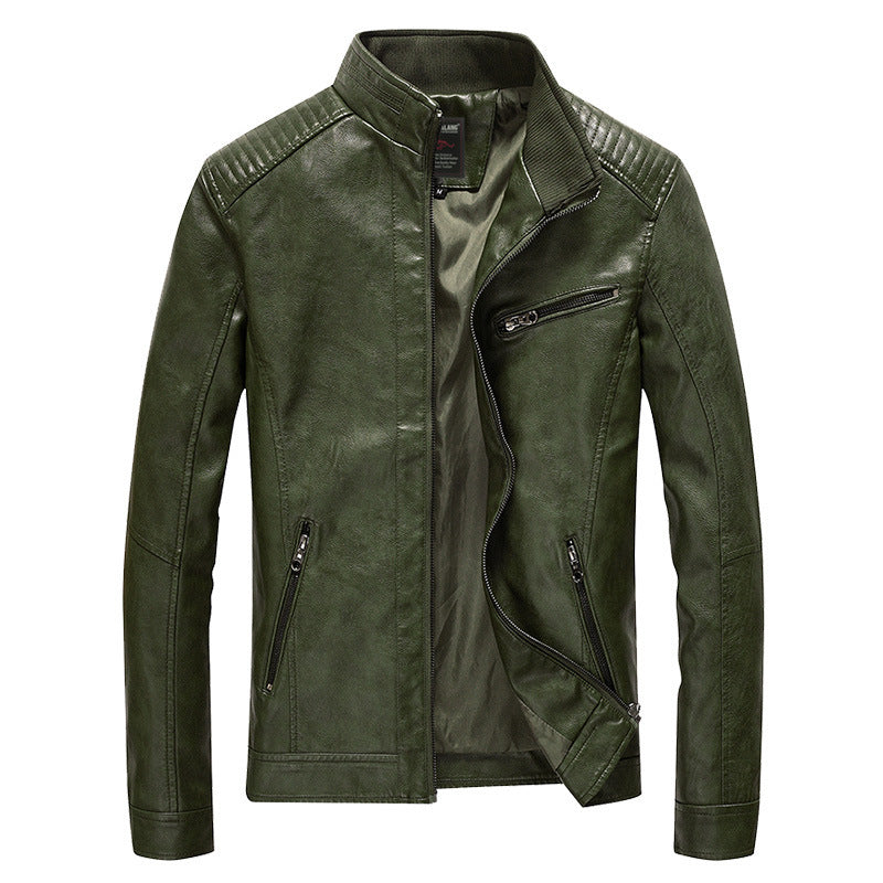 Herr Slim-Fit Konstläder Moto Jacka med Ståkrage, Quiltad Axel Yoke och Zip Fickor