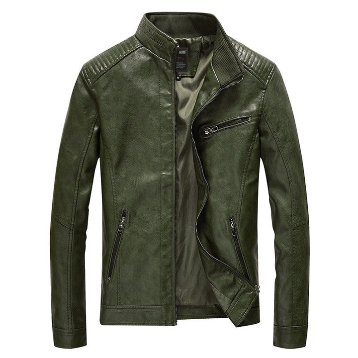 Herr Slim-Fit Konstläder Moto Jacka med Ståkrage, Quiltad Axel Yoke och Zip Fickor