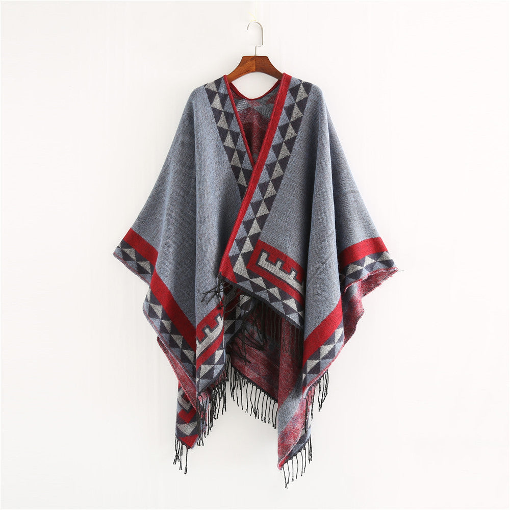 Dam Geometric ullblandning Wrap poncho med Fringes och kontrast Borders